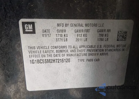 2017 Chevrolet Cruze Ls Auto z USA, uszkodzony, nr VIN 1G1BC5SM2H7216120